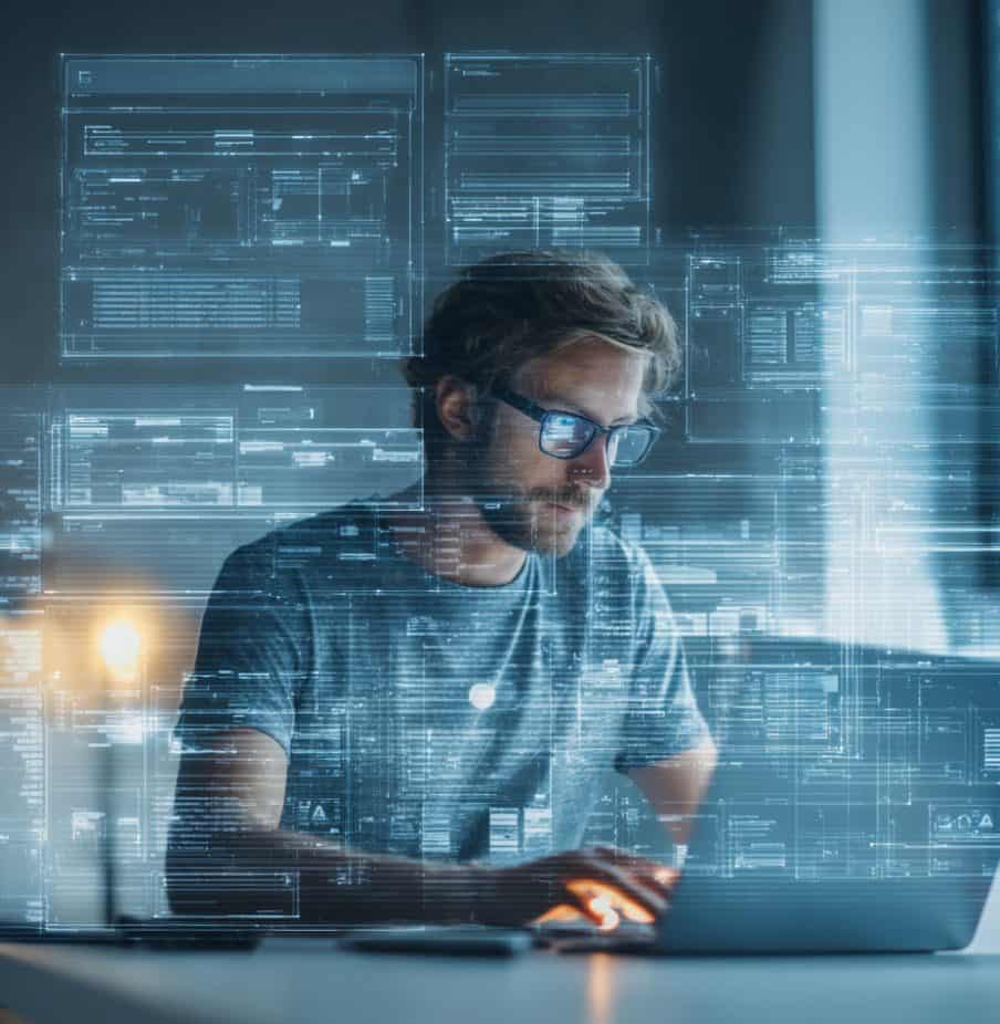 Mann vor Laptop mit holographischen Elementen im Vordergrund.